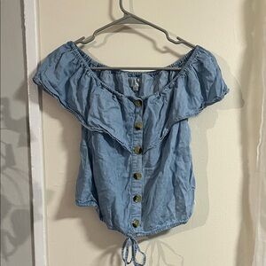 Light Blue Ruffled Button-Up Blouse
